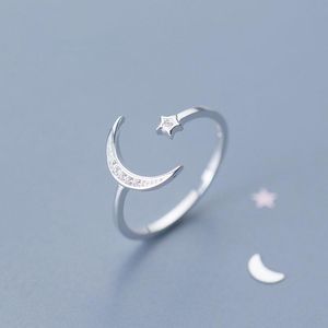 Cluster Rings Real Sterling Silver voor vrouwen Teen Girls Moon Star CZ Zirkon Open verstelbare vingerband Koreaanse sieraden Ladies Gifts