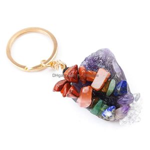 Key Rings Crafts Rough Gemstone Natural Stone Key Ring Quartz Amethyst Tiger Eye Crystal Keychain Agate Ore Meditation Pendant Hangb Dhhki