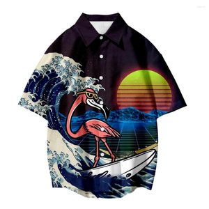 Мужские рубашки T 2022 прибытие Flim Flam Flam Flamingo Print Lose Thin Thin Shirt Peach Pare Pare Hawaiian Style с коротким рукавом универсал