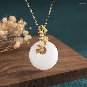 Chains 2022 Ancient Gold Craft Koi Fish Bead Necklace Hetian Jade China Style Collarbone Chain Necklaces For Women Jewelry 24 35MM