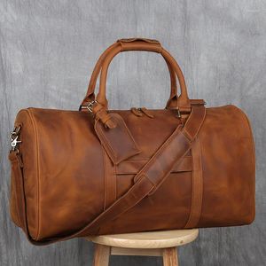 Duffel Bags Vintage Brown Natural Crazy Horse Leather Men's Travel Durable Quality Genuine Totes With Suitcase Holder