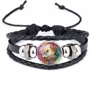 Mise à jour Moon Wolf Glass fait artisan Cabochon tissu bracelet Bracelet Bracelet Mens Black Punk Animal Bracelets Hip Hop Jewelry Drop Ship