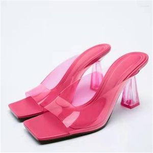 Sandaler 2022 Traf Crystal Transparent Women Pink Pvc Square Toe Elegant Heels Slipper Fashion Slingbacks Pumpar Female Summer
