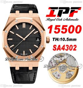 IPF 41 mm 1550 SA4302 Automatik-Herrenuhr, ultradünn, 10,5 mm, Roségold, schwarzes strukturiertes Zifferblatt, Strichmarkierungen, Lederarmband, Super Edition-Uhren, Puretime A1