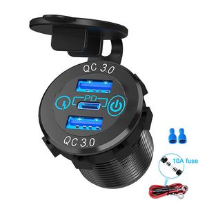 12V/24V Triple Aluminum Metal 60W USB-C Multiple Car Charger Socket PD3.0 Two QC3.0 Ports with Touch Switch Fast Car Adapter