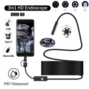 8mm HD Endoscope Camera USB Mini Waterproof 1-10m Hard Soft Cable Snake Tube Inspection Borescope Cameras för Android Smartphone Loptop PC Notebook 6 LEDS