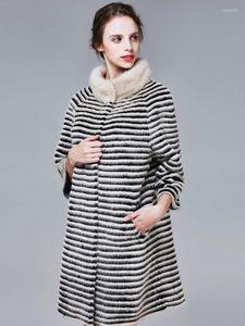 Women's Fur FMFSSOM Winter Women Faux Mink Outwear Fashion Mid Length Black White Striped Loose Turn Down Collar Long Sleeve Coats