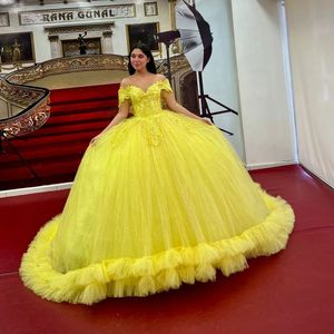 Lyxig gul quinceanera klänning för mexico flickor applikationer pärlor stropplösa korsett prinsessor bollklänningar 15 vestidos de fiesta