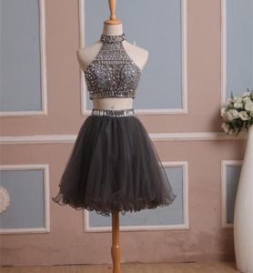 2021 In Stock Real Homecoming Dress Two Pieces Gray Tulle Graduation Gown with Rhinestones High Neck Short Prom Cocktail Party Gow9794152