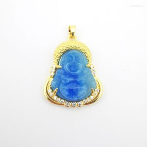 Pendant Necklaces Charm 28X23MM Blue Green Jades Stone Carved Buddha Inlaid Rhinestone Buddhist Amulet Necklace 1PCS