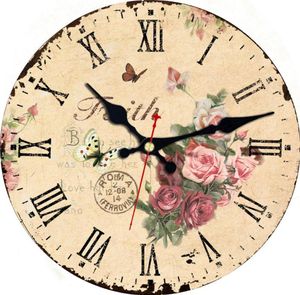 Wall Clocks 14 Inch Wooden Clock Vintage Faith Roses Style For Kitchen Office Home Silent NonTicking Art Hanging Family Flower