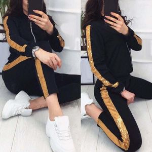 Dwuczęściowe spodnie kobiety 2pcs jogging garnitur cekiny Patchwork TrackSuits Zestaw płaszcza bluzy