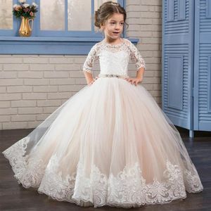 Abiti da ragazza maniche a 3/4 fiore per matrimoni abito da ballo tulle appliques perline lunga prima comunione bambine