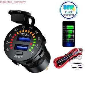 Caricabatteria per auto doppio USB 12V 24V QC 3.0 Presa USB impermeabile da 36 W Ricarica rapida con voltmetro LED Interruttore ON OFF Cavo di alimentazione