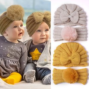 2PCS Winter Baby Hut Stirnband Set Pompom Infant Kopf Band Bogen Baby Turban Hüte Kinder Beanie Kleinkind Kappe für Mädchen Junge Zubehör