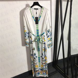 Printed Womens Dresses For Vacation Party Lace Up V Neck Long Sleeve Lady Dress High Grade Women Clothing