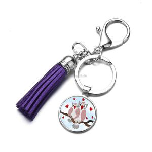Nyckelringar Cartoon Owl Glass Cabochon Keychain Fashion Tassel Key Ring Holder Bag Hang Hang Hang Drop Delivery DHTV2