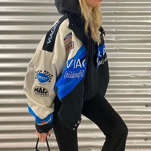 Kvinnors jackor överdimensionerade tryckt jacka kvinnlig gotisk racing kostym hip-hop gata stil y2k ytterkläder rockar baseball flerfärgad dragkedja höst/vinterbombertoppar