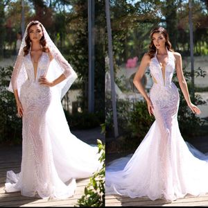 Fashion Crystal Mermaid Wedding Dresses Sexig V Neck Illusion Bridal Gowns Lace Applique Custom Made Lace-Up Back Vestidos de Novia