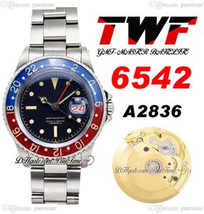 TWF 6542 VINTAGE GMT A2836 Automatisk herrklocka 38mm Pepsi Bezel Black Stick Dial Red Calender Oystersteel Stainfritt Steel Armband Super Edition Puretime A1