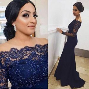 Navy Blue Off the shoulder Long Sleeves Mermaid Evening Dress Zipper Formal Party Gown