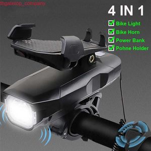 Car Bicycle Light Mobile Phone Holder USB Rechargeable 4 in 1 Bike Horn 4000MAh Power Bank Headlight USB Rechargeable MTB Head Lamp