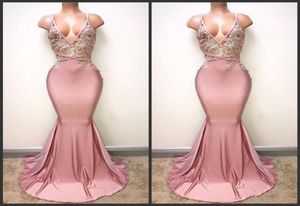 2019 New Sexy Backless Dusty Pink Prom Dresses Mermaid Spaghetti Appliqued Beaded Long Train Party Gowns Custom Made Occasion Even2757417 on Sale