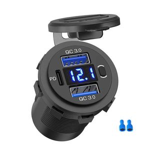 Tre port 12V/24V USB-laddningsuttag Dual 18W Snabbladdning 3.0 20W PD USB-C för bilmotorcykel med voltmeter och strömbrytare