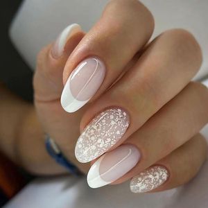 24pcs Set French Nails Full Cover Press on Nails Art Almond Wearable Diy Short Simple Nail With White Side Glitter Pattern Design