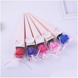 Party Favor Single Rose Gift Box Valentine Day Packing Soap Flower Transparent Cone Diy Paper Case Wedding Silk Ribbon Bow Solid Col Dhald
