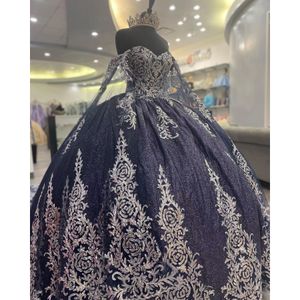 Sparkly Navy Blue Quinceanera klänningar Bollklänning för söta 16 flickor Applices Birthay Party Prom Dress Vestido de 15 Anos