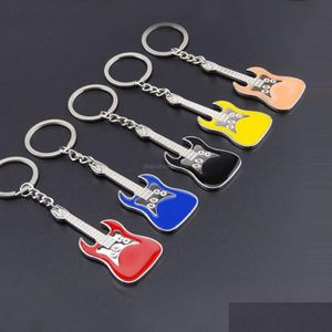 Keychains Lanyards Guitar Keychain Musical Instrument Emalj Key Chains Ring Bag Hang Fashion Jewelry Black Red Blue Drop Deliver Dhdnm