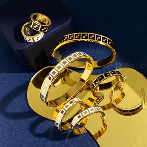 Fashion Enamel Braclet Earrings Rings Sets Engraved F Initials Letter Settings Women 18K Gold-Plated Bangle Ear Studs Jewelry Birthday Gifts FS12 --03