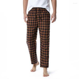 Мужские брюки мужское домашнее льняное коричневое клетчатое хлопок повседневная эластичность мужская брюки йога -пижама для пижамы дышащая фланелевая уличная одежда