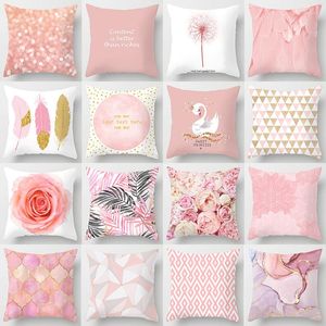 Pillow Cover Pink Decorative Pillows Home Sofa Flower Textile Polyester Seat Case Scenic Printed Car Decor Cotton Pillowcase