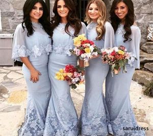 Sky Blue Bridesmaid Dresses V Neck Spaghetti Straps With Cape Lace Applique Custom Made Maid of Honor Gown Country Wedding Wear Plus Size 403