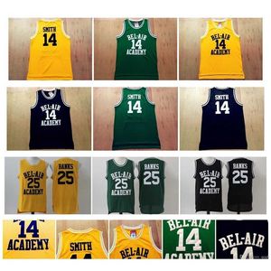 Kolej Basketbolu, Bel-Air'in Taze Prensi Giyiyor 14 Will Smith Jersey 25 Carlton Banks Bel-Air Academy College Film Versiyon Jersey Yeşil Sarı Siyah