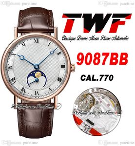 Twf Classique Dame 9087BB A770 Otomatik Erkekler Saat Ay aşamaları Gül Altın Gümüş Dokulu Dialy Dolay Roman İşaretleri Kahverengi Deri Kayış Süper Edition Saatler Puretime C3