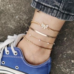 Anklets Zircon Butterfly Foot Chain Creative Pearl Multi-Layer Ankelarmband för kvinnliga smycken Tillbehör krage 2022