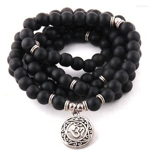 Charm-Armbänder, Modeschmuck, 108 schwarze Perlen, Stein mit Lotus-/OM-Yoga-Halskette