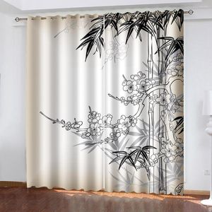 Curtain Chinese Customized 3D Blackout Curtains Living Room Bedroom El Window Black And White Simple Bamboo Plum