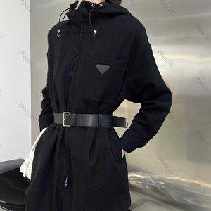 PD Long Windbreaker 디자이너 모직 코트 가을과 겨울 여자 드레스 튜닉 허리 얇은 바람막이 재킷 캐주얼 후 까마귀 하이 버전 지퍼 스웨트 셔츠