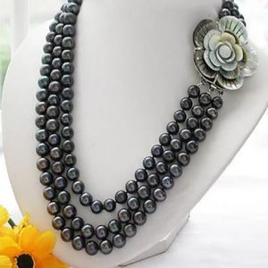 new Fashion 3row 17" 8-9mm ROUND TAHITIAN BLACK PEARL NECKLACE AAA