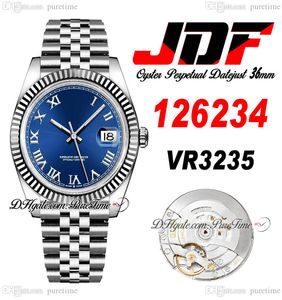 JDF JDF 36 126234 VR3235自動メンズウォッチV2フルーテッドベゼルブルーダイヤルマーカーJubileSteel 904Lスチールケースとブレスレットスーパーエディションウォッチ