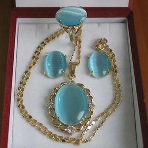 Partihandel elegant 18 kgp inlay himmelblå opal hänge halsband örhänge smycken set