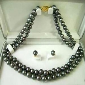 new 2row 7-8MM Black Freshwater Pearl Necklace 18"Earring Set
