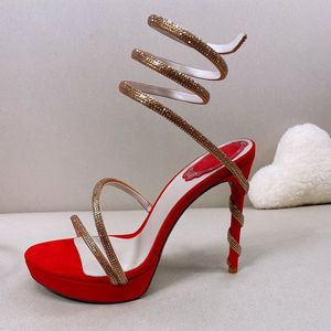 Sandaler RC Fashion Black Red Rhinestone Twining Foot Ring Womens Shoes Luxury Designer smal band 12,5 cm Platform High Heeled Novty Heel Winding Sandal 35--43Size