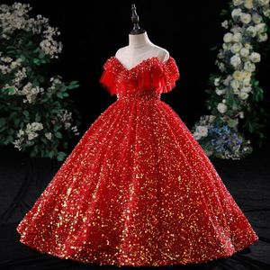 Gold Crystal Flower Girls Dress Pageant Dresses Red Sequined Ball Gown Pärled Småbarn Spädbarnskläder Little Kids Födelsedag Julklänningar 403