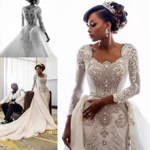 2023 Vestido de noiva de mi￧angas de cristal de luxo com colher de trem destac￡vel pesco￧o uma linha de vestidos de noiva varre vestidos de tamanho grande personalizado