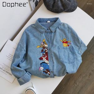 Women's Blouses Cotton Denim Shirt Women's Long-Sleeved Spring Autumn Korean Style Loose All-Match Embroidered Mid-Length Light Blue